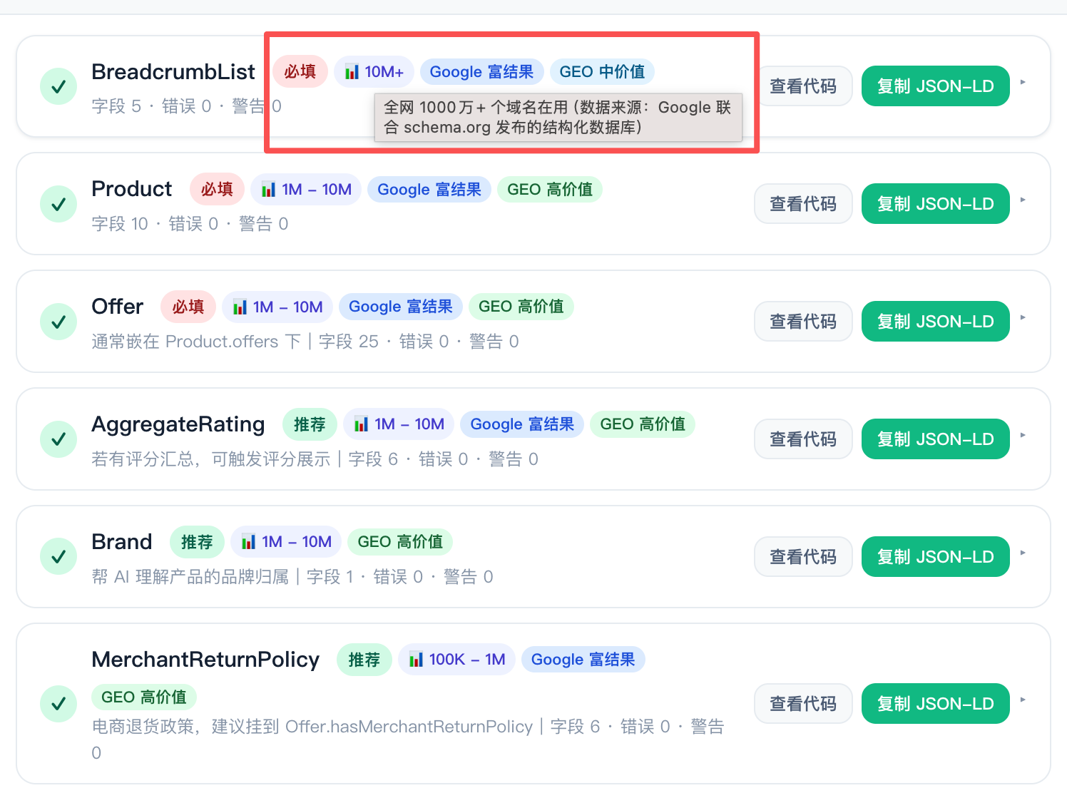某页面的检测结果示例